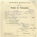 Registo de velocípede de marca Cycles Pombal, com o nº 3858, em nome de Manuel Silva Domingos, morador em Sabugo.