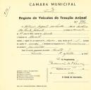 Registo de um veiculo de duas rodas tirado por um animal de espécie muar destinado a transporte de mercadorias em nome de António Augusto dos Santos, morador na Barata.