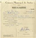 Registo de velocípede de marca Vitória, com o nº 8144, em nome de Vítor José Névoa, morador em Rua José Antunes dos Santos, Sintra.