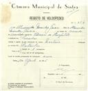 Registo de velocípede de marca Martano, com o nº 8216, em nome de Alexandre Mendes Garcia, morador em Serradas.
