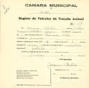 Registo de um veiculo de duas rodas tirado por um animal de espécie muar destinado a transporte de mercadorias em nome de Joaquim Sebastião, morador nas Lameiras.