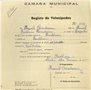 Registo de velocípede com o nº 1029, em nome de Manuel Corredoura, morador em Montelavar.