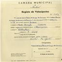 Registo de velocípede de marca Champion, com o nº 2083, em nome de Maria do Carmo Pereira de Sousa da Câmara, moradora em Monte Banzão.