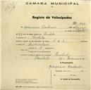 Registo de velocípede de marca L.R.S., com o nº 465, em nome de Joaquim Caetano, morador em Pero Leite.