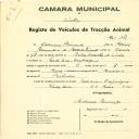 Registo de um veiculo de duas rodas tirado por um animal de espécie muar destinado a transporte de mercadorias em nome de Casimiro[?] Raimundo, morador na Venda Seca.