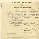 Registo de velocípede com o nº 3034, em nome de Jaime d'Almeida Coelho, morador em Quinta Pombal, Sintra.