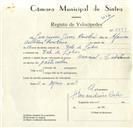 Registo de velocípede de marca Nacional, com o nº 8899, em nome de Joaquim Gomes Paulino, morador em Vale de Lobos.