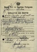 Boletim de óbito de Maria Correia Pedrosa, moradora Várzea de Sintra, sepultada no coval nº 7102, do cemitério de S. Marçal.