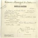 Registo de velocípede de marca Vilar, com o nº 4673, em nome de Joaquim dos Santos Almeida, morador em Rua das Padarias, Sintra.