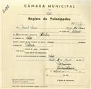 Registo de velocípede com o nº 3150, em nome de Manuel Ramos, morador em Sintra.