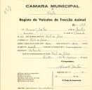 Registo de um veiculo de duas rodas tirado por dois animais de espécie cavalar destinado a transporte de mercadorias em nome de Manuel Justino, morador em Vale de Lobos.