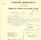 Registo de um veiculo de duas rodas tirado por dois animais de espécie bovina destinado a transporte de mercadorias em nome de Vítor Franco, Ldª, sediada em Carenque.