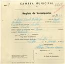 Registo de velocípede de marca Dinar, com o nº 937, em nome de José Bento Fidalgo, morador em Sintra.