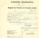 Registo de um veiculo de duas rodas tirado por um animal de espécie asinina destinado a transporte de mercadorias em nome de Manuel Caetano, morador no Ral.