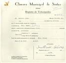 Registo de velocípede de marca Pombal, com o nº 8946, em nome de António Alves, morador em Nora, Colares.