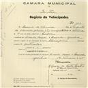 Registo de velocípede de marca Champion, com o nº 1133, em nome de Aurora de Oliveira, moradora em Agualva.