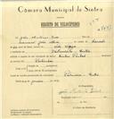 Registo de velocípede de marca Cicles Pombal, com o nº 7497, em nome de João António Dias, morador em Palmeiros.