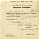 Registo de velocípede com o nº 1546, em nome de João de Deus Janota, morador em Pero Pinheiro.