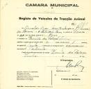 Registo de um veiculo de duas rodas tirado por um animal de espécie cavalar destinado a transporte de mercadorias em nome de Arnaldo Dias Monteiro Barros, morador na Quinta da Cabeça, Sintra.
