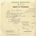 Registo de velocípede com o nº 2990, em nome de José Lopes, morador em Almoçageme.