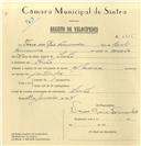 Registo de velocípede com o nº 6825, em nome de Vasco dos Reis Fernandes, morador em Linhó.