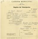 Registo de velocípede de marca Premier, com o nº 2295, em nome de David Arnaud, morador em Quinta do Arrabalde, Sintra.