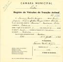 Registo de um veiculo de duas rodas tirado por dois animais de espécie muar destinado a transporte de mercadorias em nome de Francisco Valentim Tomásio, morador em Morelena.