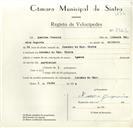 Registo de velocípede com o nº 8963, em nome de Américo Joaquim, morador em Azenhas do Mar.
