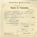 Registo de velocípede de marca B.S.A., com o nº 3750, em nome de António Guilherme, morador em Rinchoa.