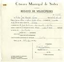 Registo de velocípede de marca F.B.M., com o nº 9258, em nome de Vítor José Azevedo Névoa, morador em Rua José Antunes dos Santos, Sintra.