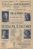 Programa de teatro com a peça "Desculpa, ó Caetano", com um elenco de vários artistas.