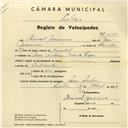 Registo de velocípede com o nº 4189, em nome de Manuel Jeronimo, morador em Mem Martins.