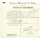 Registo de velocípede de marca Famel Vitória, com o nº 9299, em nome de Vítor José Azevedo Névoa, morador em Rua José Antunes dos Santos, Sintra.