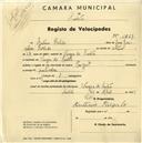 Registo de velocípede de marca Peugeot, com o nº 1669, em nome de António Borlido, morador em Várzea de Sintra.