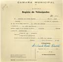 Registo de velocípede de marca Champion, com o nº 726, em nome de Adelino da Costa Duarte, morador em S. João das Lampas.