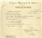 Registo de velocípede de marca Nacional, com o nº 9916, em nome de Armando de Sousa Caldas, morador em Linhó.