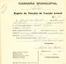 Registo de um veiculo de duas rodas tirado por dois animais de espécie asinina destinado a transporte de mercadorias em nome de Aleixo dos Santos, morador no Seixal em São João.