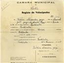 Registo de velocípede de marca Union, com o nº 1061, em nome de Ventura Alexandre Jorge, morador em Fontanelas.