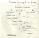 Registo de velocípede de marca Nacional, com o nº 8974, em nome de Torcato Bordalo Rodrigues, morador em Azoia.