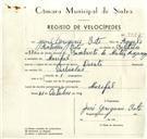 Registo de velocípede de marca Ducati, com o nº 9377, em nome de José Gregório Reto, morador em Mucifal.