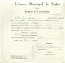Registo de velocípede de marca F.B.M., com o nº 9132, em nome de Vítor José Névoa, morador em Rua José Nunes dos Santos, Sintra.