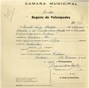 Registo de velocípede de marca Olga, com o nº 774, em nome de Renato Viana Moreira, morador em Colares.