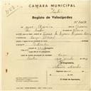 Registo de velocípede com o nº 3057, em nome de José Amaro, morador em Cacém de Baixo.