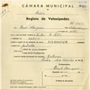 Registo de velocípede de marca Champion, com o nº 3860, em nome de Raul Marques, morador em Colares.
