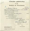 Registo de velocípede de marca Champion, com o nº 4521, em nome de António Vicente, morador em Amoreira.