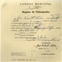 Registo de velocípede de marca Olga, com o nº 2771, em nome de José Vicente Pedro, morador em S. Pedro de Sintra.