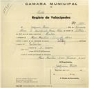 Registo de velocípede de marca Saltley, com o nº 520, em nome de Joaquim Alves, morador em Mem Martins.