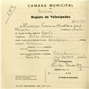 Registo de velocípede de marca Olympique, com o nº 2975, em nome de Henrique Francisco Alexandre, morador em Pedra Furada.