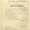 Registo de velocípede de marca Flecha, com o nº 454, em nome de Francisco José Bettencourt, morador em Sintra.