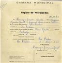 Registo de velocípede de marca Toman, com o nº 1344, em nome de Manuel Duarte Tomé, morador em Odrinhas.